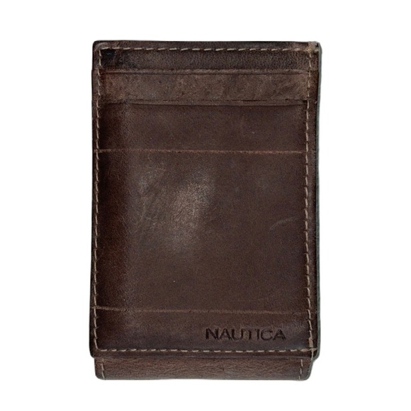 ⭐️HP⭐️ Mens Nautica brown leather magnetic bifold card wallet VGUC - Picture 2 of 6